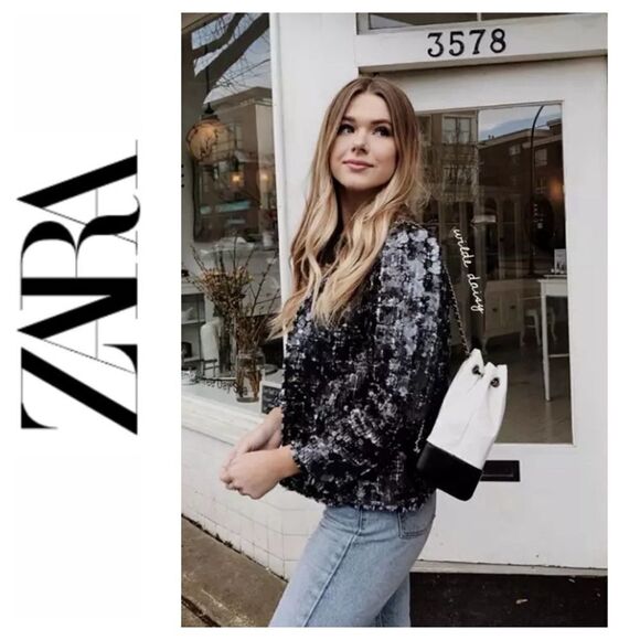 Zara Blogger’s Favorite Sequin Tweed Open Front Cropped Jacket, Size XS - Picture 1 of 16